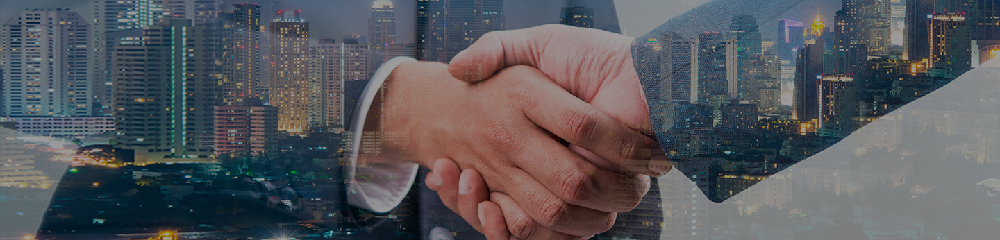 Businessmen handshake in city backgroung banner image